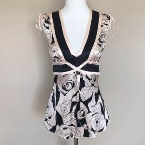 NWT Bebe pink/black silk deep v neck blouse top XS